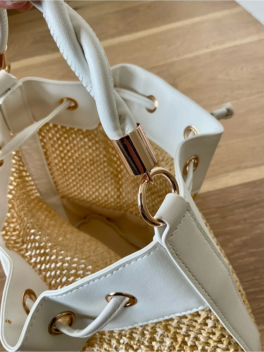 Saks Fifth Avenue White and Natural Woven Drawstring Bucket Bag